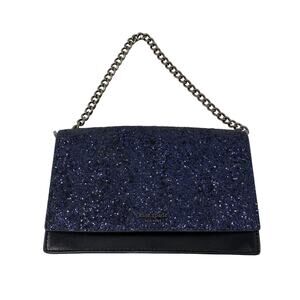 Kate Spade Evening Bag Black Navy Blue Glitter Flap Black Leather Chain Strap